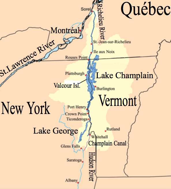 Map of Lake Champlain, Hudson Valley.