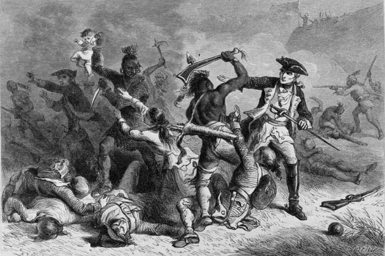 Montcalm trying to stop Native Americans from attacking British soldiers and civilians as they leave Fort William McHenry