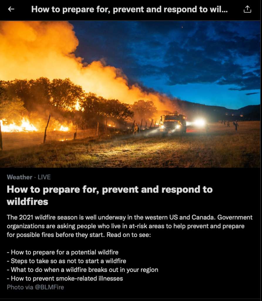 Forest service wildfire tweet.