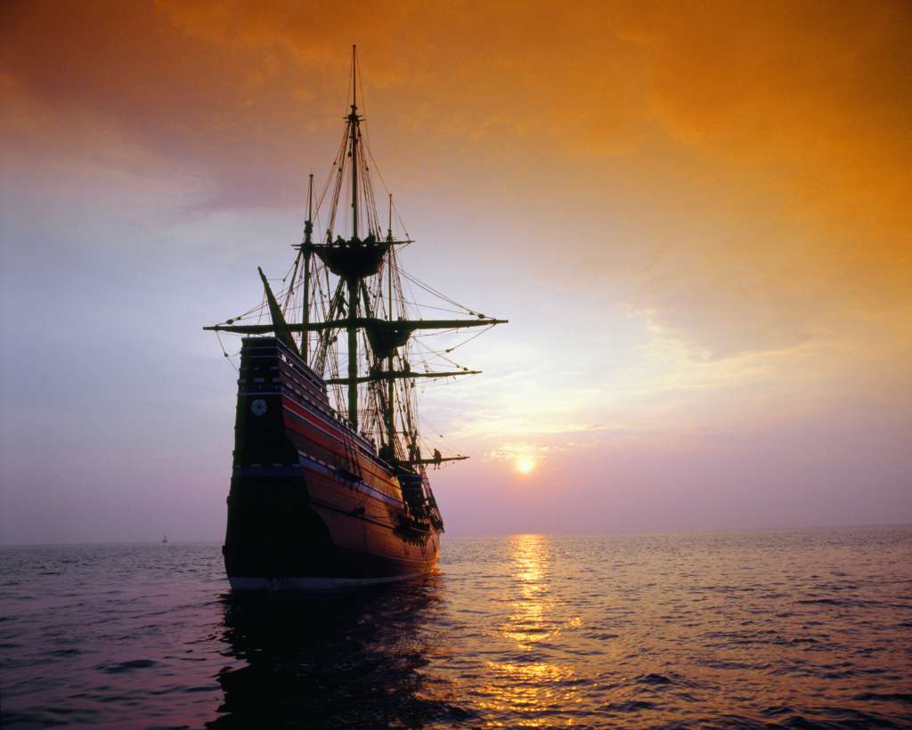 The First Thanksgiving after the Pilgrims landed on the Mayflower (Mayflower II pictured.)